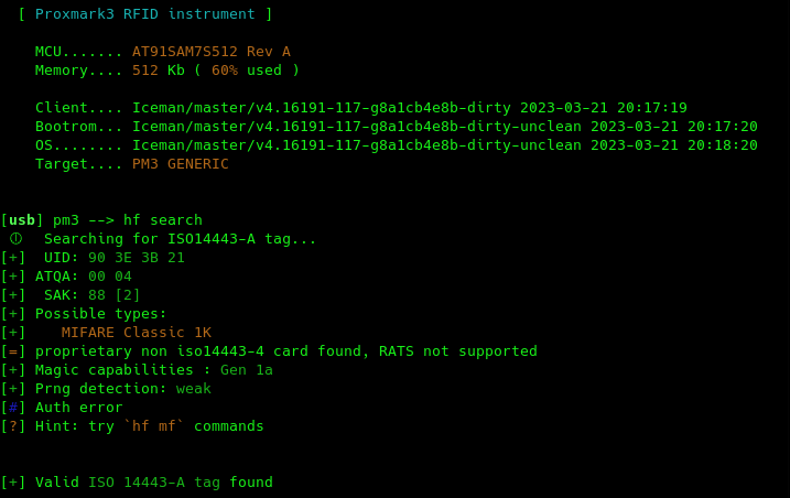 Proxmark3 running Iceman Firmware